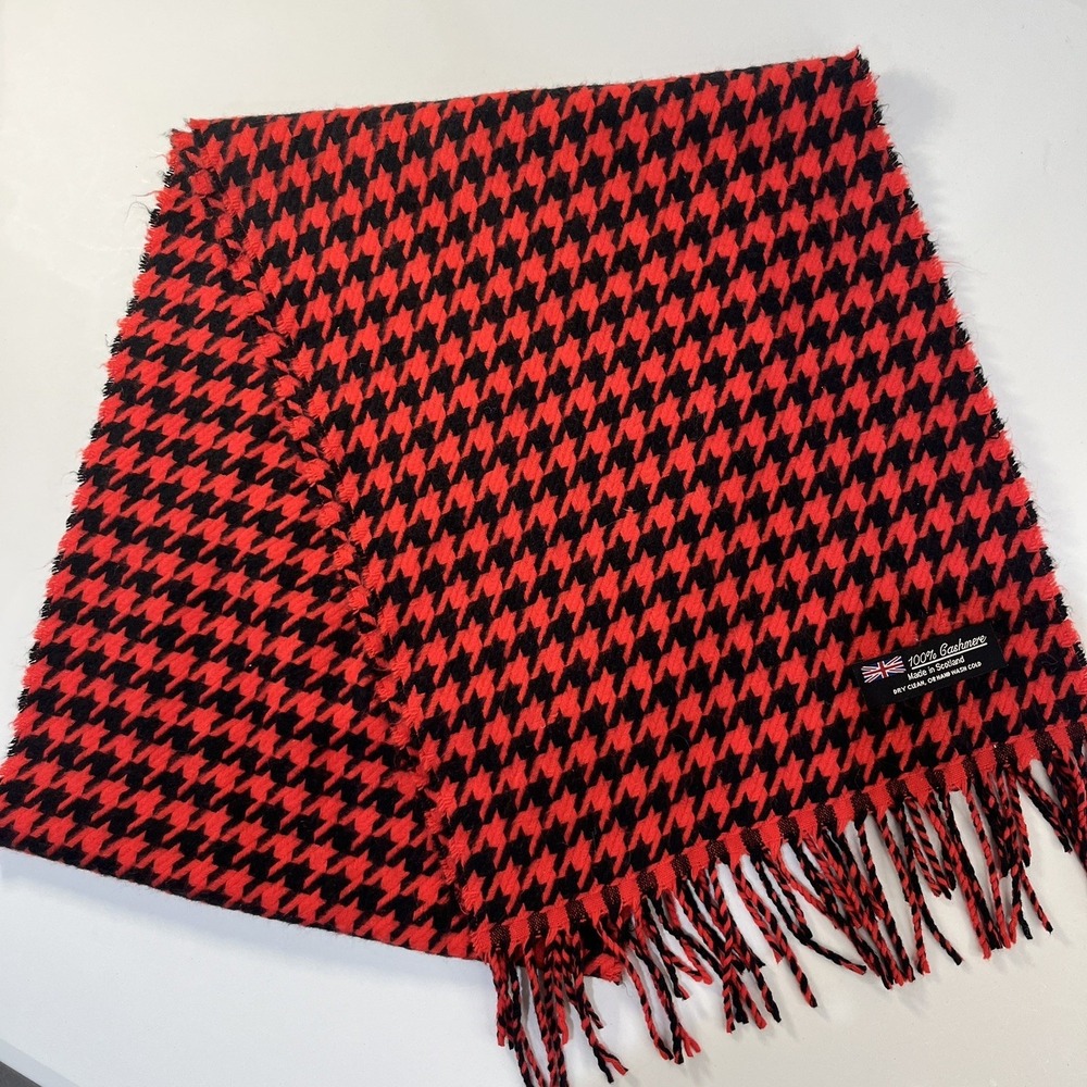 100% Cashmere Scarf Red Black Houndstooth Made in Scotland‎ Fringe 64" Soft Wrap
